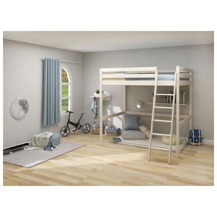 Lit mezzanine enfant - 140 x 190 cm - Pin massif blanchi - Sommier inc