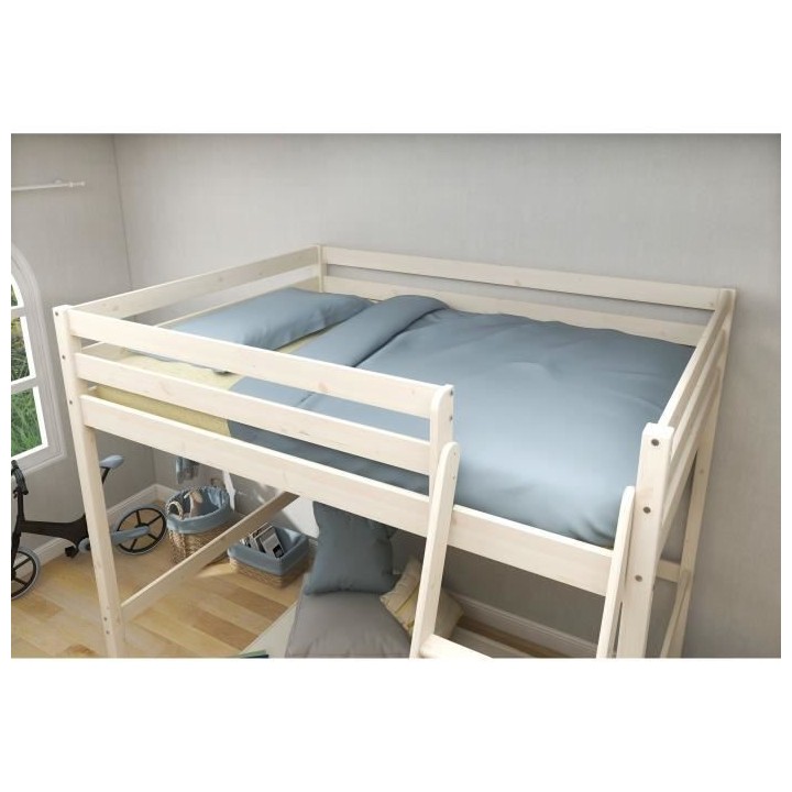 Lit mezzanine enfant - 140 x 190 cm - Pin massif blanchi - Sommier inc
