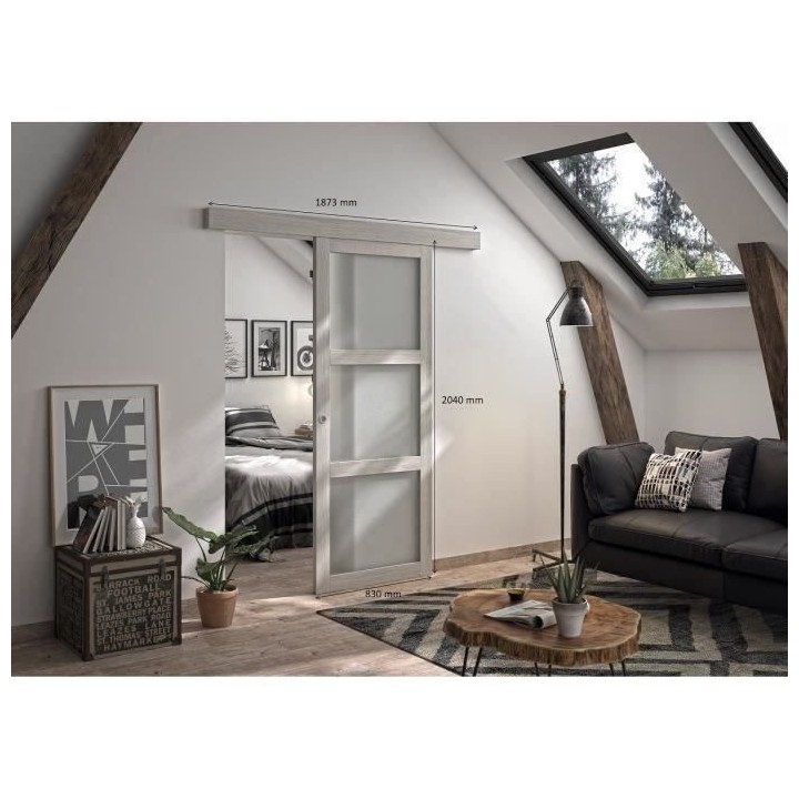 OPTIMUM - Kit porte coulissante 3 carreaux + rail + bandeau Bilbao - H