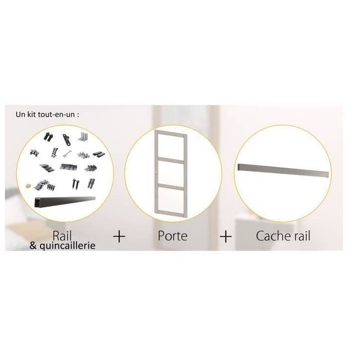 OPTIMUM - Kit porte coulissante 3 carreaux + rail + bandeau Bilbao - H