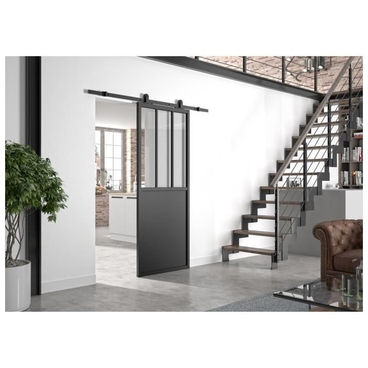 OPTIMUM Kit porte coulissante ATELIER noir + rail apparent - 204 x 93