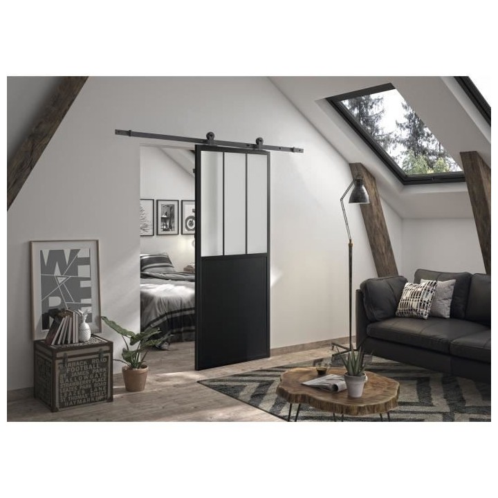 OPTIMUM Kit porte coulissante ATELIER noir + rail apparent - 204 x 93