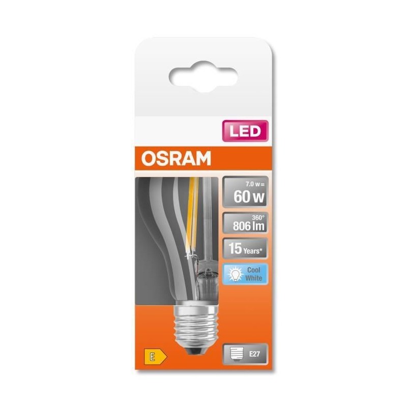 Ampoule standard LED OSRAM Clair filament - E27 - 7W  60 - Blanc Froid