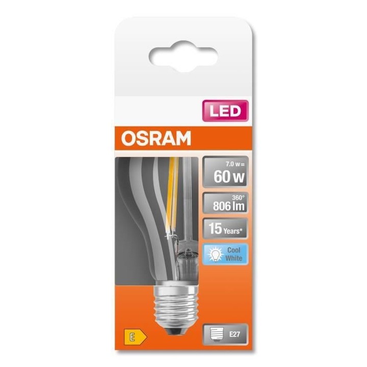 Ampoule standard LED OSRAM Clair filament - E27 - 7W  60 - Blanc Froid