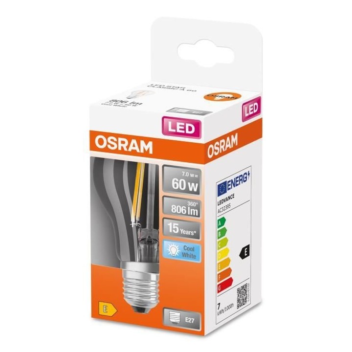 Ampoule standard LED OSRAM Clair filament - E27 - 7W  60 - Blanc Froid