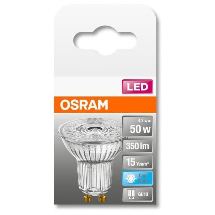 OSRAM Spot PAR16 LED 36° verre 4,3W 50 GU10 froid