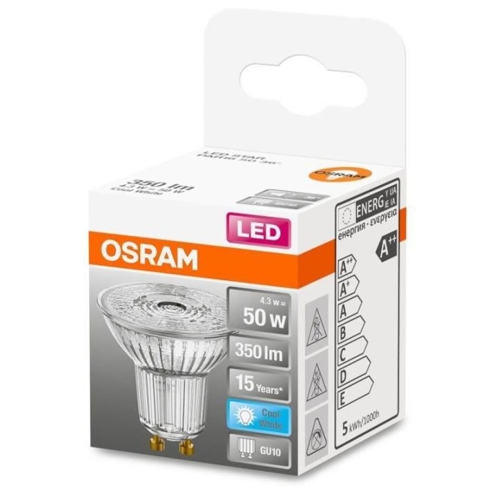 OSRAM Spot PAR16 LED 36° verre 4,3W 50 GU10 froid