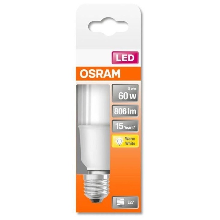 OSRAM Ampoule Stick LED dépoli avec radiateur 8W 60 E27 chaud