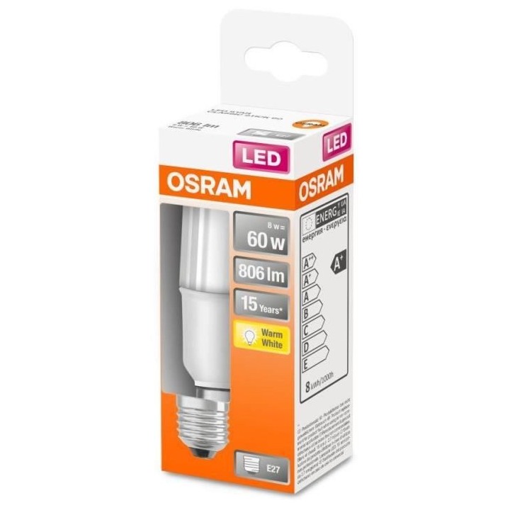 OSRAM Ampoule Stick LED dépoli avec radiateur 8W 60 E27 chaud