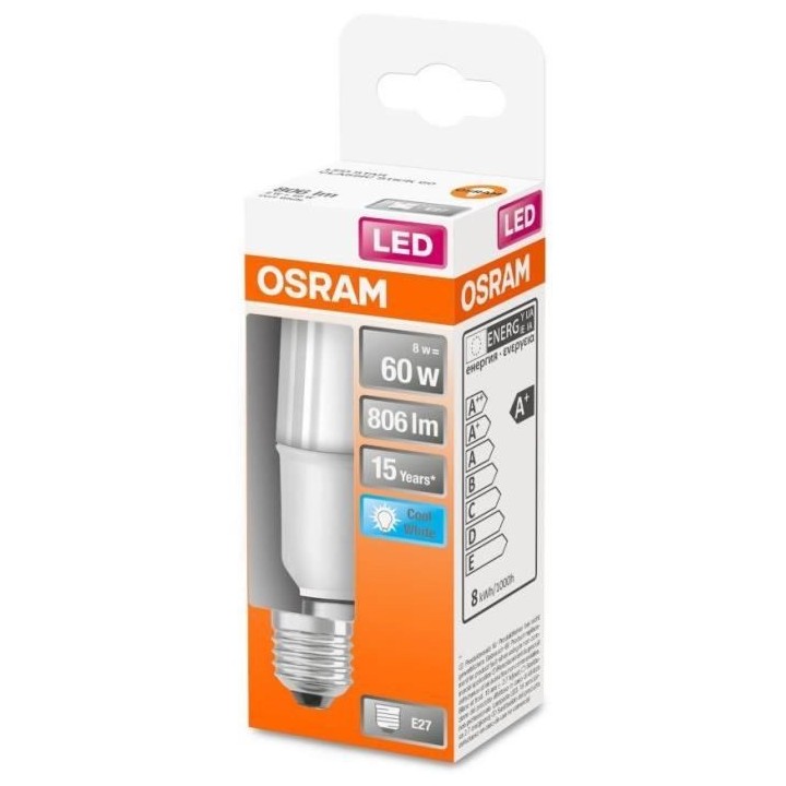 OSRAM Ampoule Stick LED dépoli avec radiateur 8W 60 E27 froid