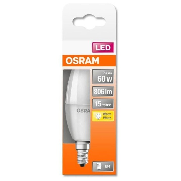 OSRAM Ampoule LED Flamme dépolie avec radiateur 7,5W 60 E14 chaud