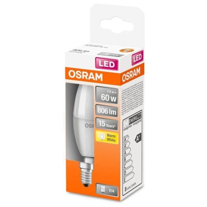 OSRAM Ampoule LED Flamme dépolie avec radiateur 7,5W 60 E14 chaud