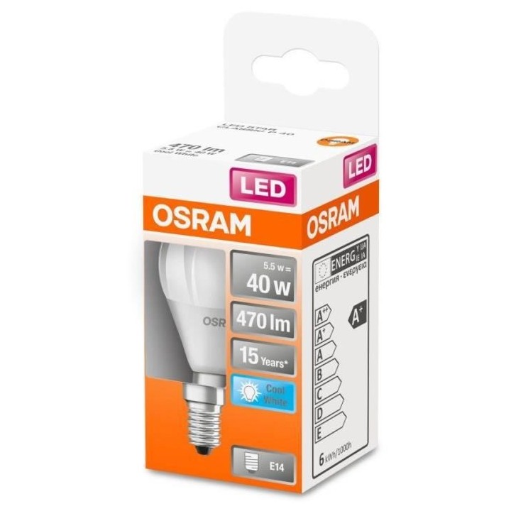 OSRAM Ampoule LED Sphérique dépolie avec radiateur 5,5W 40 E14 froid