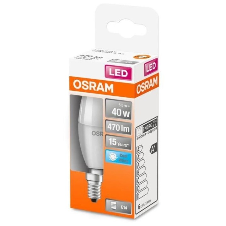 OSRAM Ampoule LED Flamme dépolie avec radiateur 5,5W 40 E14 froid