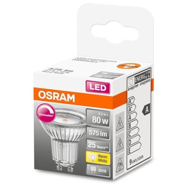 OSRAM Spot PAR16 LED 120° verre variable 8,3W 80 GU10 chaud