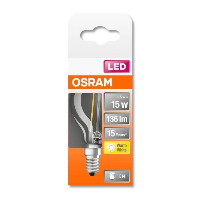 OSRAM Ampoule LED Sphérique clair filament 1,5W 15 E14 chaud