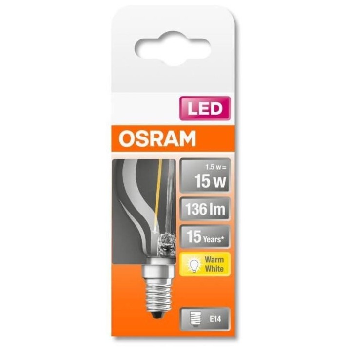 OSRAM Ampoule LED Sphérique clair filament 1,5W 15 E14 chaud