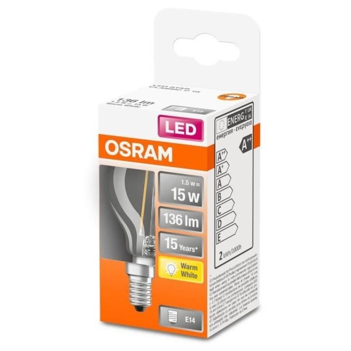 OSRAM Ampoule LED Sphérique clair filament 1,5W 15 E14 chaud