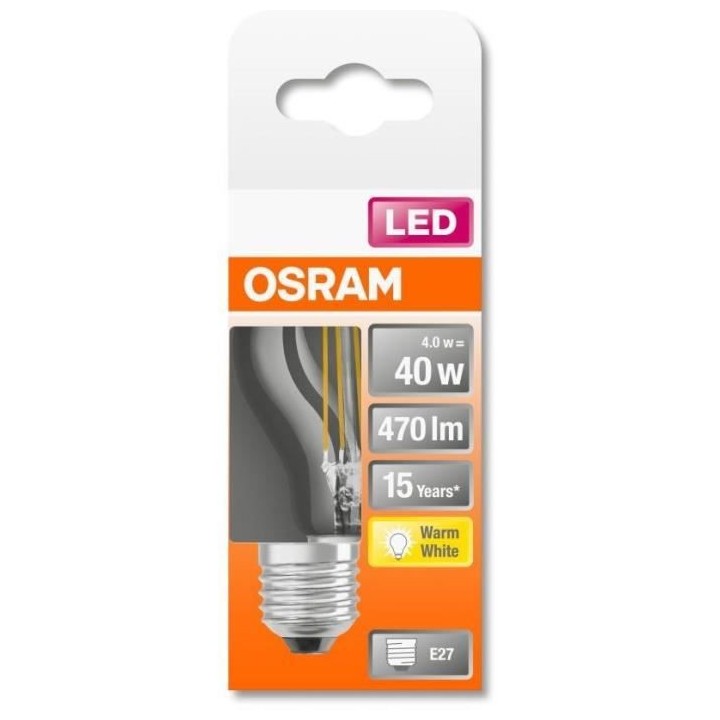 OSRAM Ampoule LED Sphérique clair filament 4W 40 E27 chaud