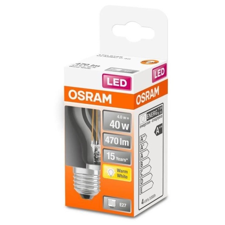 OSRAM Ampoule LED Sphérique clair filament 4W 40 E27 chaud