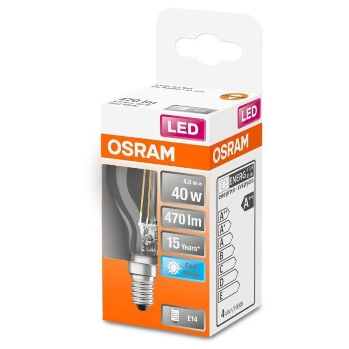 OSRAM Ampoule LED Sphérique clair filament 4W 40 E14 froid