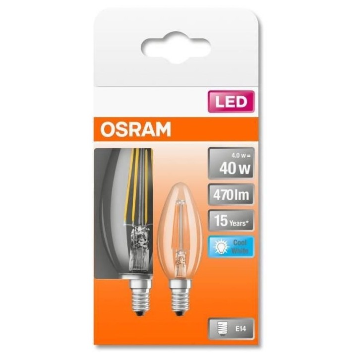OSRAM BTE2 Ampoule LED Flamme clair filament 4W 40 E14 froid