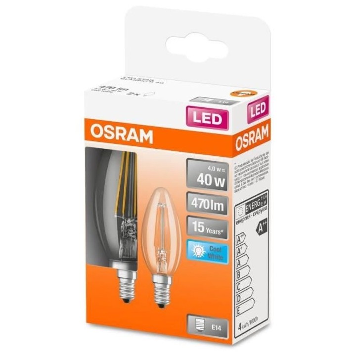 OSRAM BTE2 Ampoule LED Flamme clair filament 4W 40 E14 froid