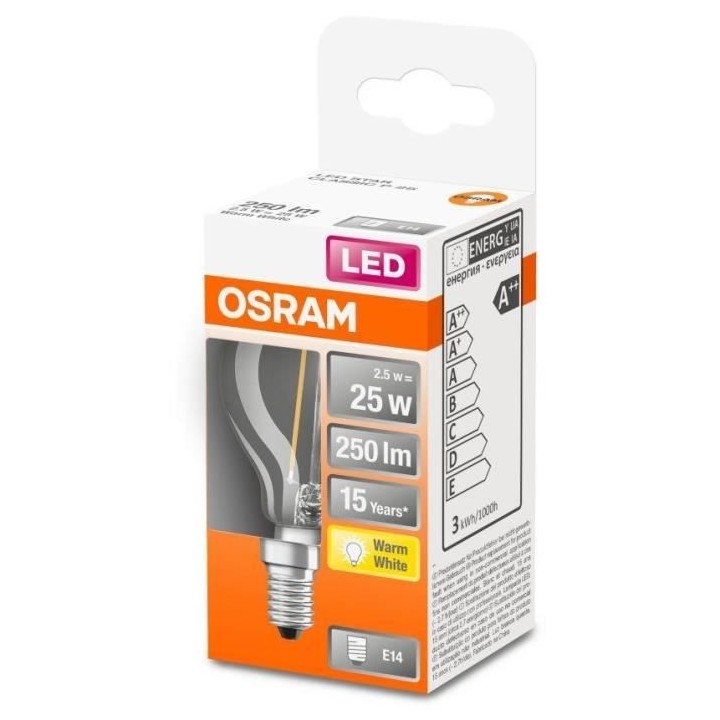 OSRAM Ampoule LED Sphérique clair filament 2,5W 25 E14 chaud