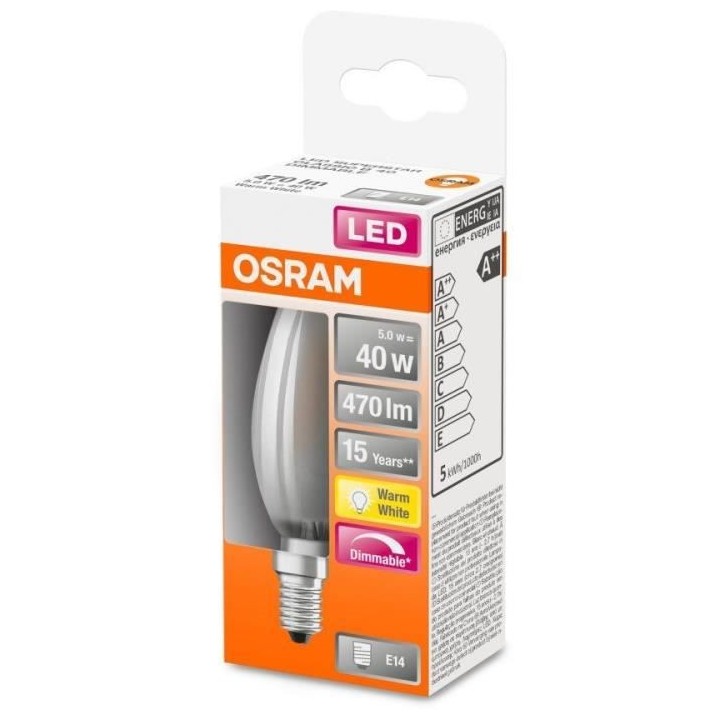 OSRAM Ampoule LED Flamme verre dépoli variable 4,5W 40 E14 chaud