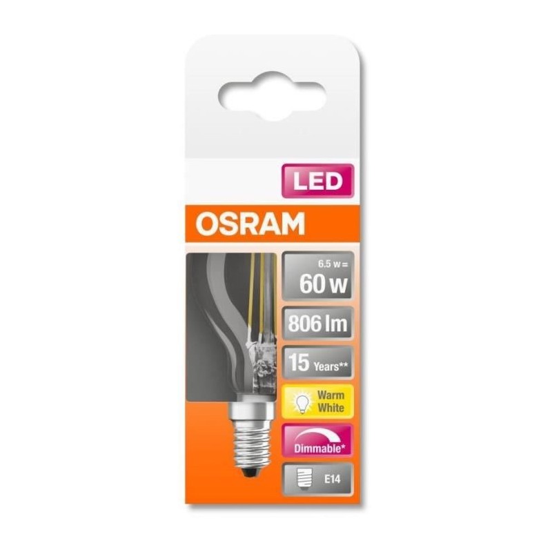 OSRAM Ampoule LED Sphérique clair filament variable 6,5W 60 E14 chaud