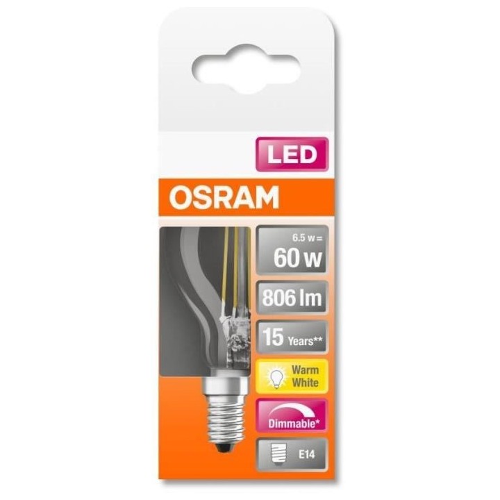 OSRAM Ampoule LED Sphérique clair filament variable 6,5W 60 E14 chaud