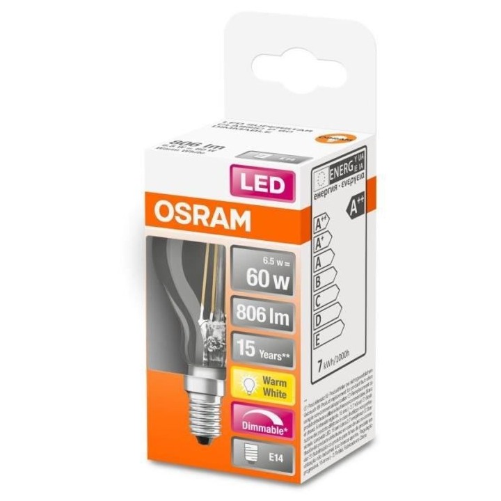 OSRAM Ampoule LED Sphérique clair filament variable 6,5W 60 E14 chaud