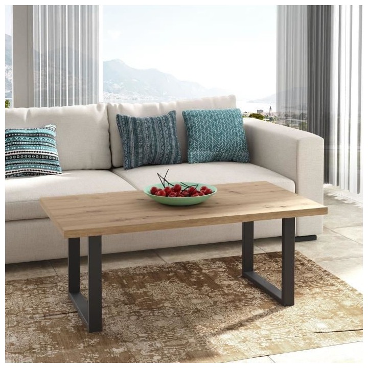 Table basse - Chene artisan et pieds luges en métal noir - L 110 x P