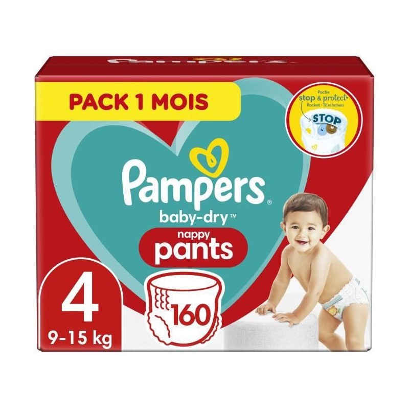 PAMPERS Baby-Dry Pants Taille 4 , 9-15kg, 160 Couches - Pack 1 Mois