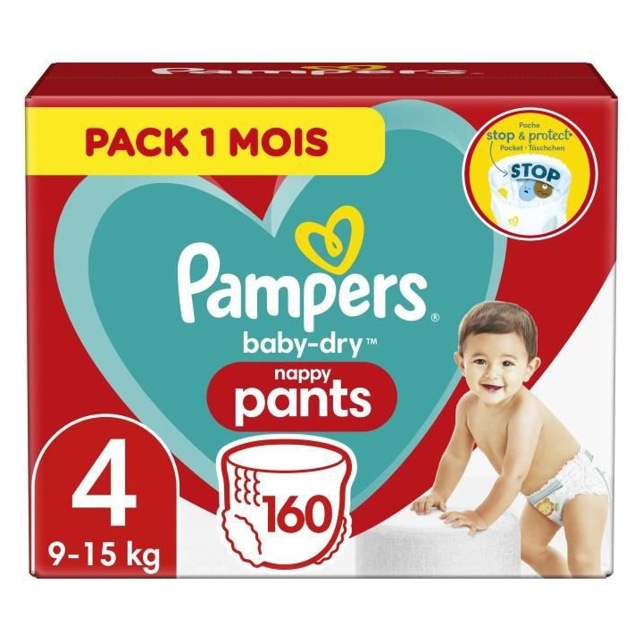 PAMPERS Baby-Dry Pants Taille 4 , 9-15kg, 160 Couches - Pack 1 Mois