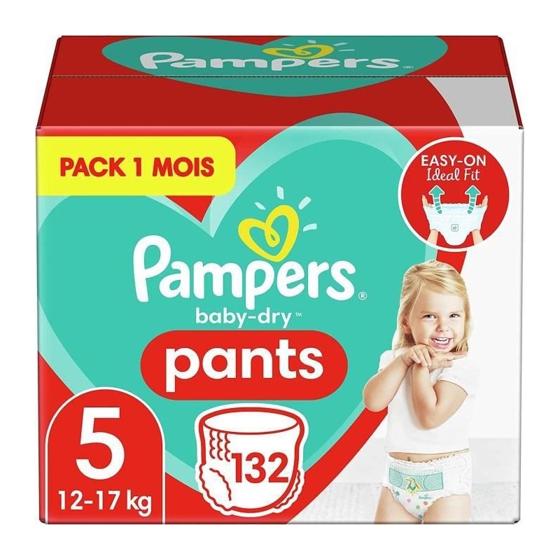 PAMPERS Baby-Dry Pants Taille 5, 12-17kg, 132 Couches - Pack 1 Mois