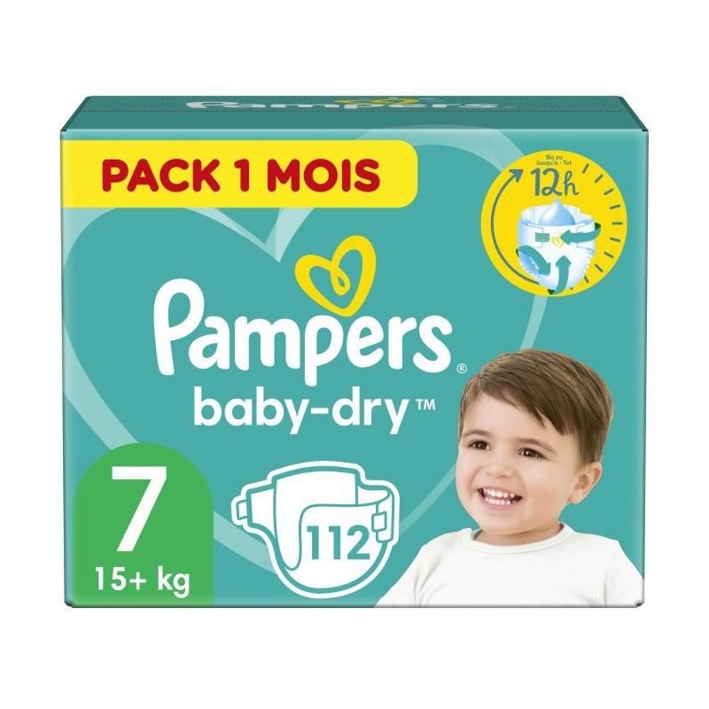 Pampers Baby-Dry Taille 7, 112 Couches - Pack 1 Mois