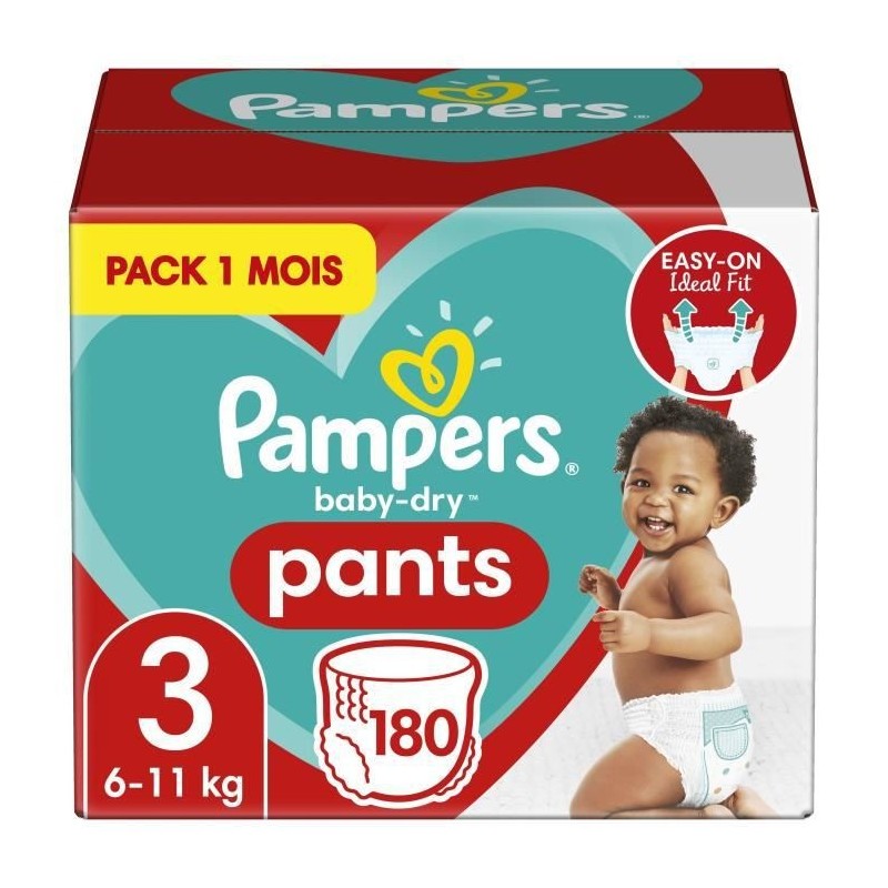 PAMPERS Baby-Dry Pants Taille 3, 180 Couches-Culottes - Pack 1 Mois