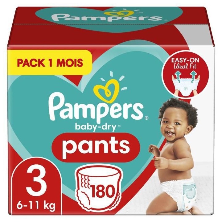 PAMPERS Baby-Dry Pants Taille 3, 180 Couches-Culottes - Pack 1 Mois