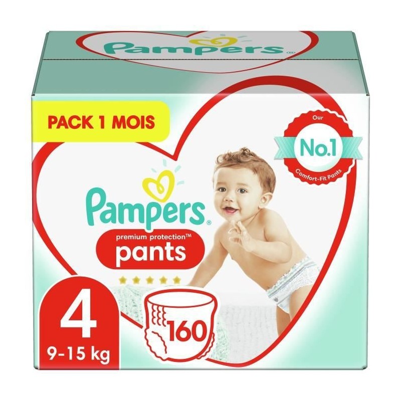 Pampers Premium Protection Pants Couches-culottes 4, 160 Culottes, 9kg-15kg, Pack 1 Mois