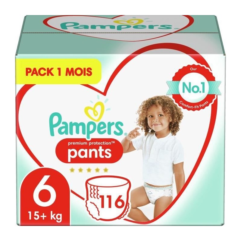 Pampers Premium Protection Pants Couches-culottes 6, 116 Culottes, 15kg+, Pack 1 Mois