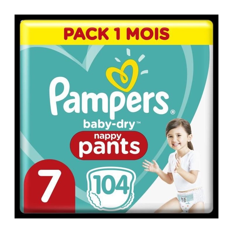 PAMPERS Baby-Dry Pants Taille 7, 17+kg, 104 Couches Pack 1 Mois