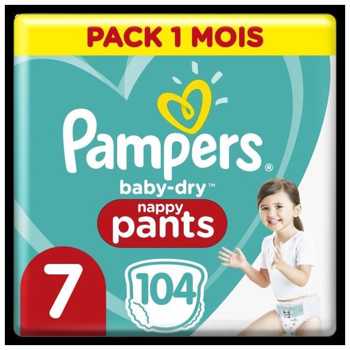 PAMPERS Baby-Dry Pants Taille 7, 17+kg, 104 Couches Pack 1 Mois