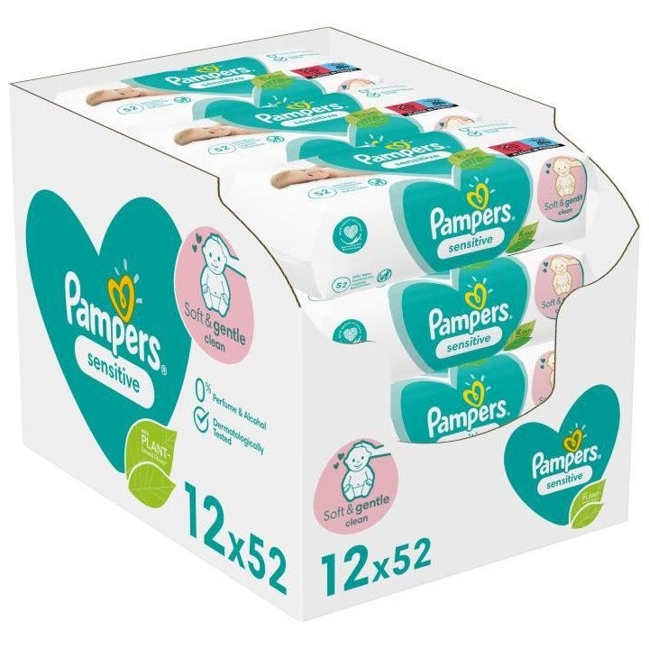 PAMPERS Lingettes bébé SENSITIVE - Lot de 12 x 52 lingettes - 624 li