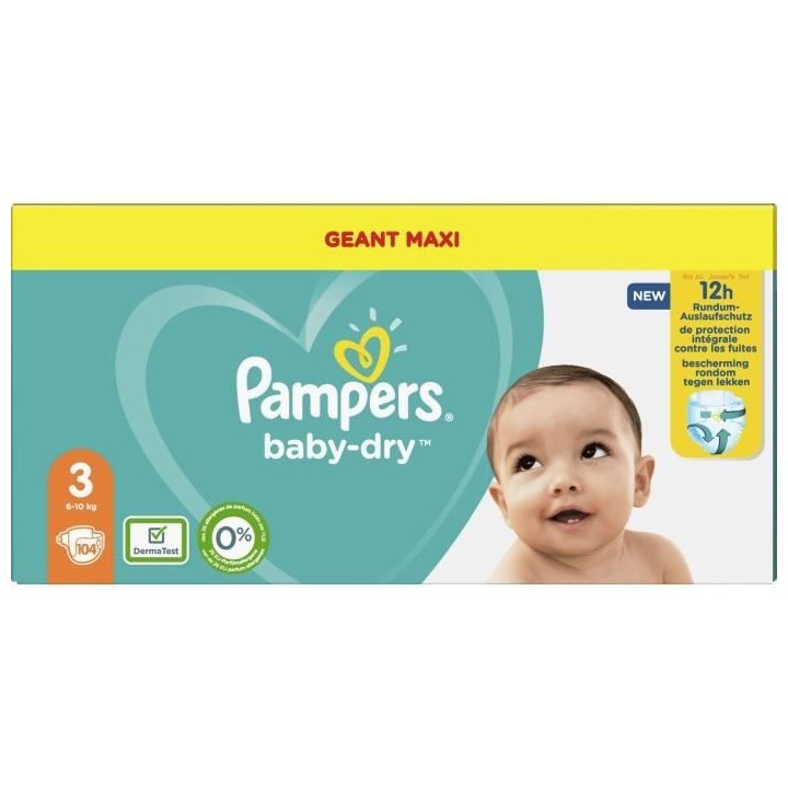 Pampers Baby-Dry Taille 3, 104 Couches