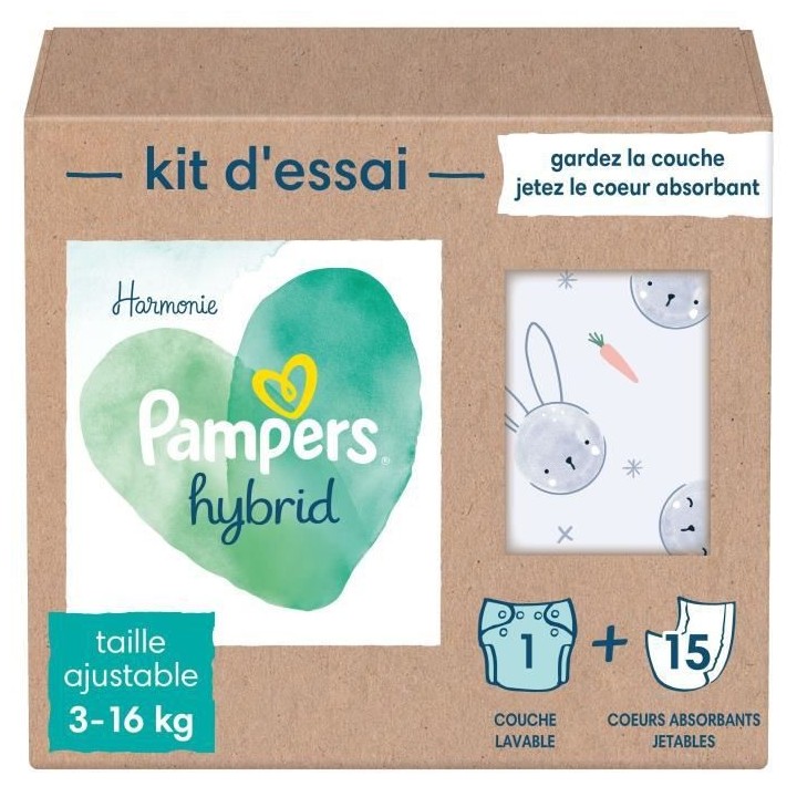 PAMPERS Hybrid Kit de 15 Coeurs Absorbants et 1 Couche Lavable
