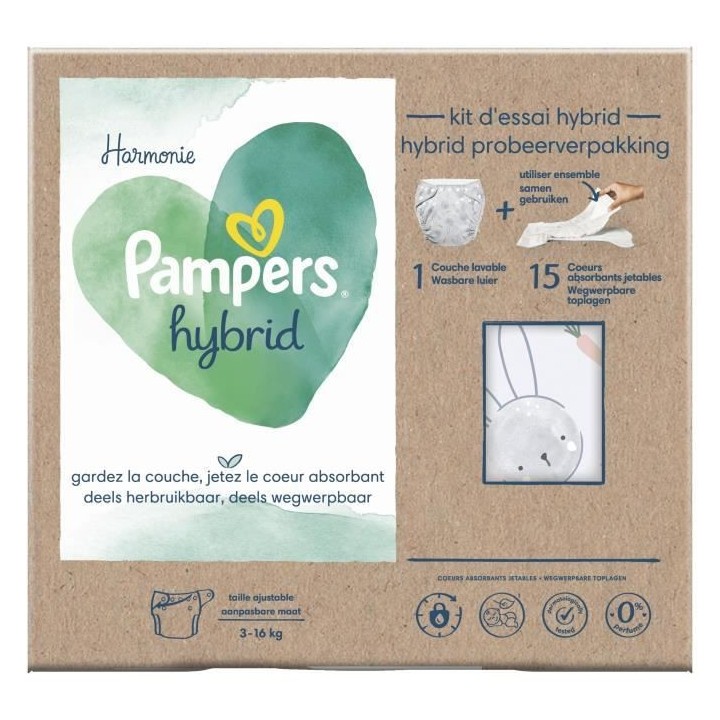 PAMPERS Hybrid Kit de 15 Coeurs Absorbants et 1 Couche Lavable