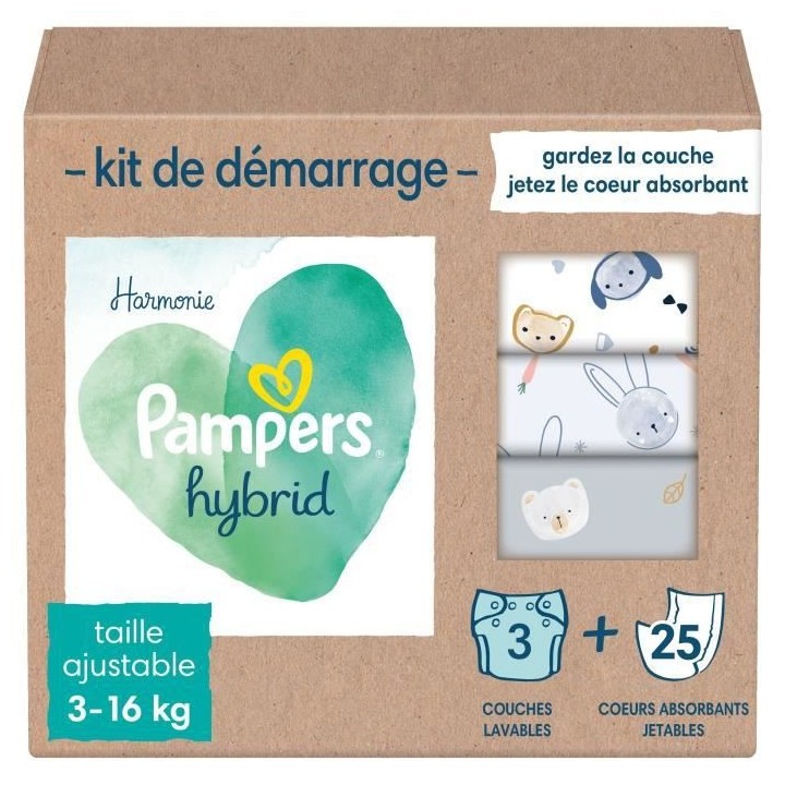 PAMPERS Hybrid Kit de 25 Coeurs Absorbants et 3 Couches Lavables