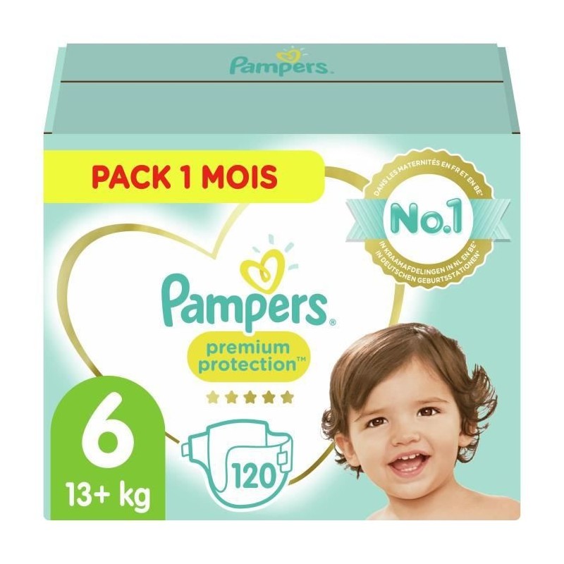 PAMPERS Premium Protection Taille 6 15+ kg - 120 Couches, Pack 1 Mois