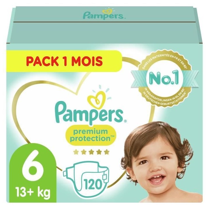 PAMPERS Premium Protection Taille 6 15+ kg - 120 Couches, Pack 1 Mois
